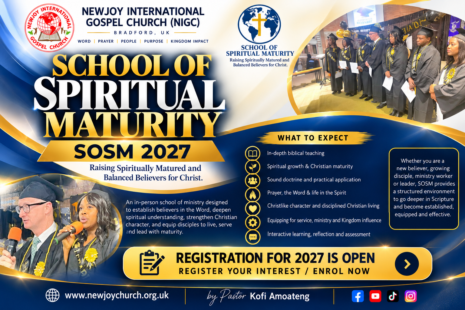 School of Spiritual Maturity 2027 registration poster with Newjoy and SOSM logos, graduates and programme information
